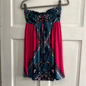 Strapless Pink and Teal Printed Summer Dress